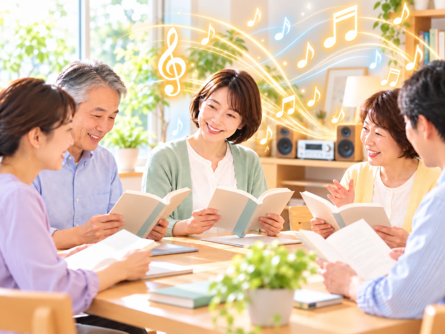 音楽を聴きながら楽読レッスンに参加する様子